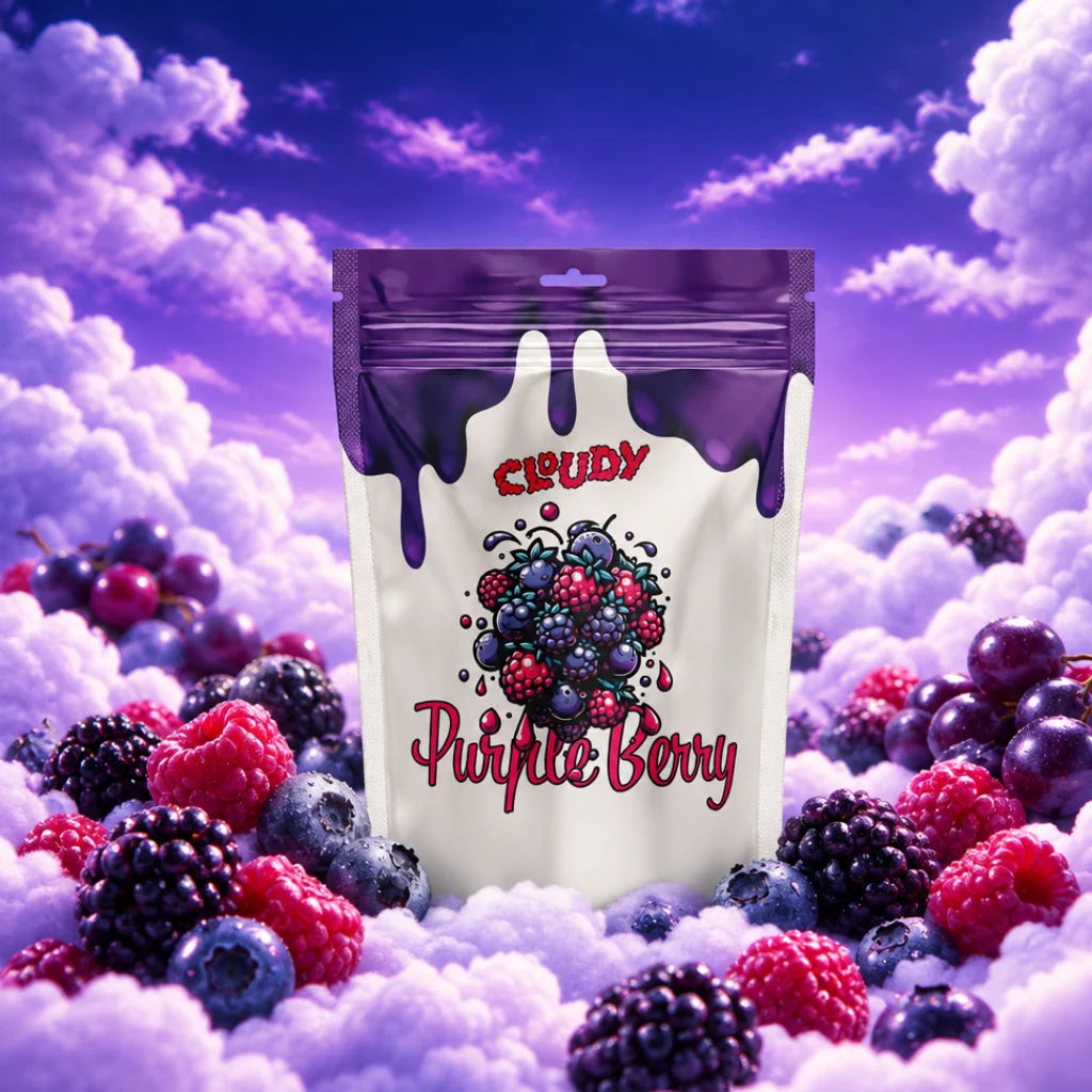 Fleur CBD Purple Berry indoor : sachet Cloudy fruits rouges dans un ciel de raisins violets